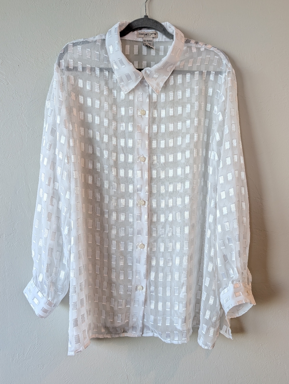 Notations Woman Sheer Checkered Button‑Down Blouse White Long Sleeve Women’s 1X